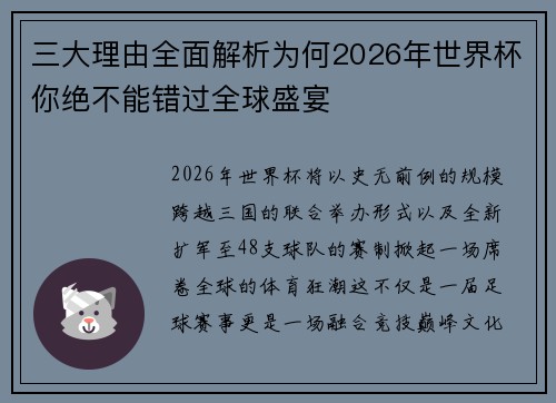 三大理由全面解析为何2026年世界杯你绝不能错过全球盛宴